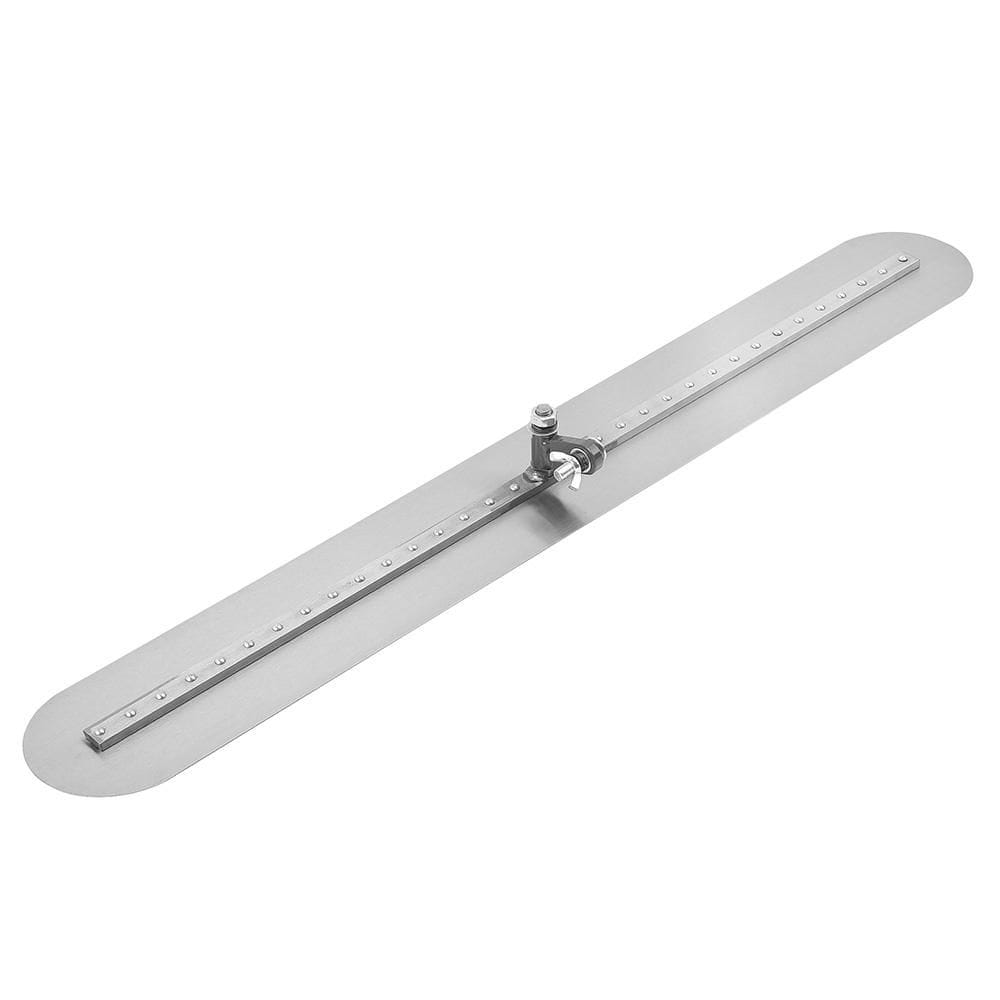 36 inch by 5 inch steel Fresno trowel with a round end, a tool used for smoothing concrete surfaces.